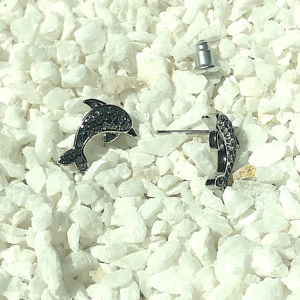 Dolphin crystal rhinestone silver earrings, New - Picture 9 of 14